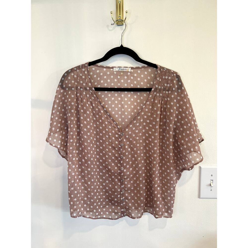 Freebird Polka Dot Sheer Button Front Blouse Size Medium